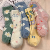 5 Pairs Floral & Butterfly Pattern Socks, Cute & Sweet Fluffy Warm Mid Tube Socks For Fall & Winter, Women's Stockings & Hosiery - KawaSocks